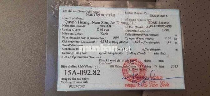 sx 1993 đăng ky lần đầu 2007