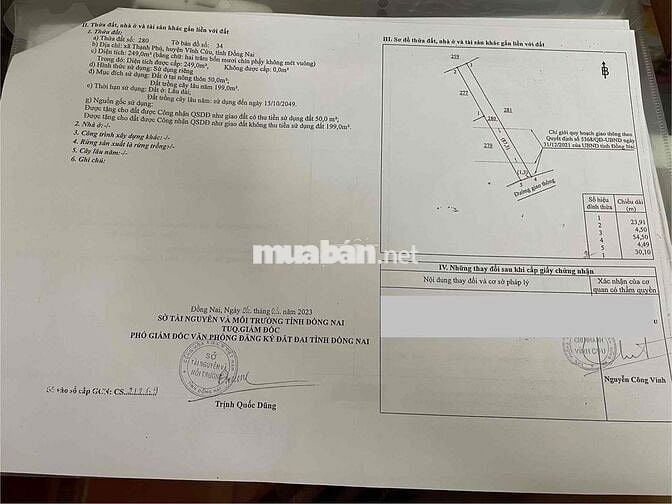 Đất sổ đỏ 249m2 xã Thạnh Phú, Vĩnh Cửu, Đồng Nai