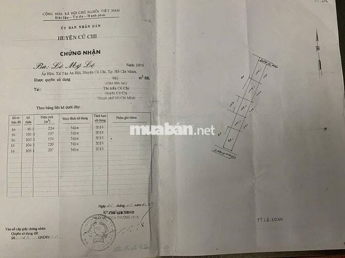 [Bán gấp] đất chính chủ, THỔ CƯ 100% Thị Trấn Củ Chi, HCM, 982m2