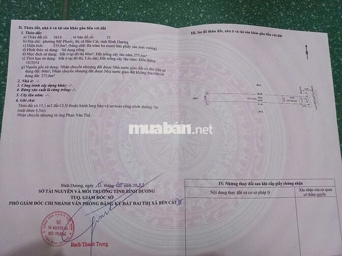 Gia đình cần bán lô đất SHR 335m2 cách trung tâm TP Bến Cát 700m