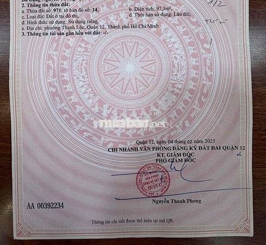 Bán Đất mặt tiền kinh doanh Thạnh Lộc 41 Dt 5mx20m