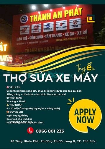  TUYỂN THỢ SỬA XE MÁY – LÀM VIỆC TẠI THỦ ĐỨC 