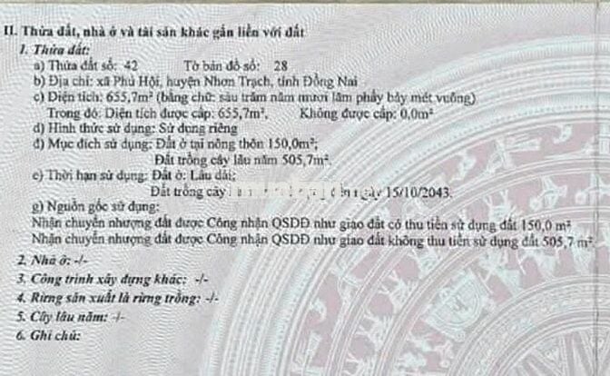 BÁN NHANH 656m2 ĐẤT VỊ TRÍ ĐẸP, MĂT TIỀN HUYÊN NHƠN TRẠCH-CHỈ 22 TỶ