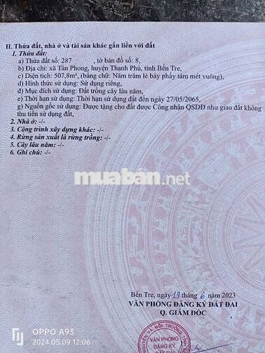 Giá rẻ đất Tân Phong, Thạnh Phú, Bến Tre 507m2. giá 350 triệu HH 3%