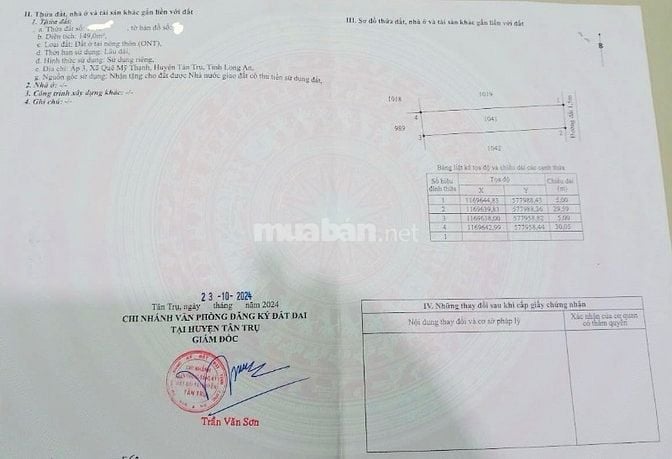  BÁN LÔ ĐẤT NỀN MT ĐƯỜNG BẠCH THỊ NĂM, TÂN TRỤ,L.AN CHỈ 375TR DT 150M2