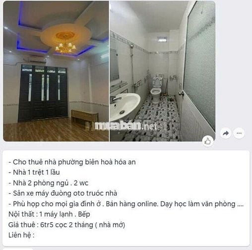 CHO THUÊ NHÀ PHƯỜNG HOÁ AN GIÁ 6,5 TRIỆU