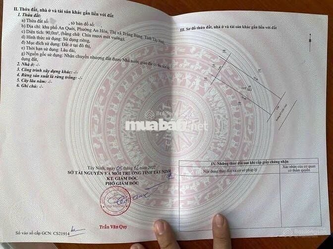 Bán Đất Ngộp Thổ Cư Gần Chợ An Hòa ,Trảng Bàng.DT 90m2,Giá 450tr, SHR