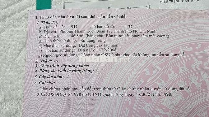 Chính chủ cần bán lô đất, thạnh Lộc, quận 12
