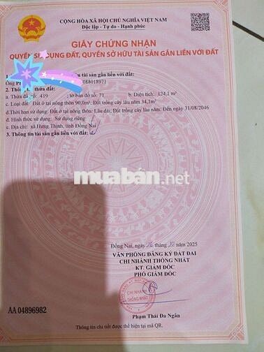 Chính chủ bán đất thổ cư.mặt tiền đường nhựa