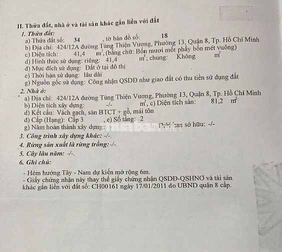 [Chính chủ cần bán] - Nhà hẻm 424 Tùng Thiện Vương P13 Q8