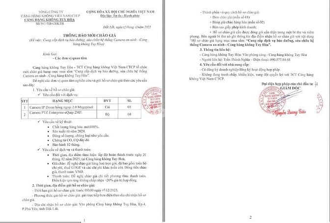 Mời chào giá thay thế Camera CHK Tuy Hòa