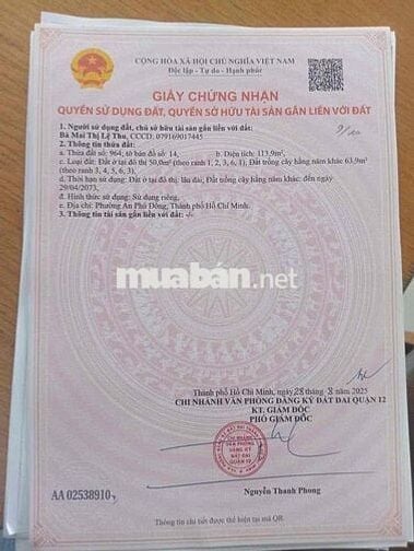 đất khu phân lô dt. 6,2x18,3 m p. thạnh lộc q12