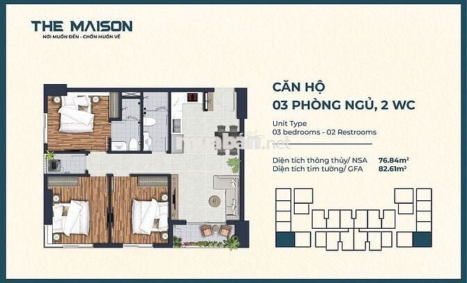 Căn hộ The Maison - View sông | 3PN | 2WC | 80m2 | Giả rẻ nhất