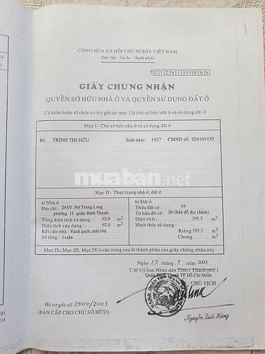Chính chủ cần bán nhà 72 triệu/m2, dt 195m2, full thổ cư