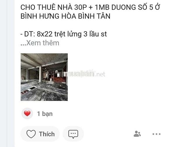 CHO THUÊ NHÀ 30P + 1MB DUONG SỐ 5 Ở BÌNH HƯNG HÒA BÌNH TÂN
