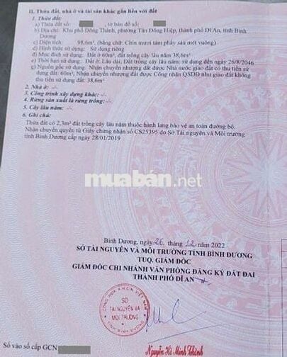 Đất 99m kdc gần ngã tư Chiêu Liêu, phường Tân Đông Hiệp, TP Dĩ An