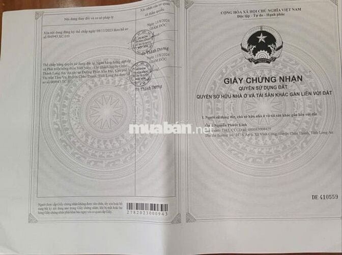 BÁN ĐẤT MẶT TIỀN QL 62, XÃ TÂN LẬP, MỘC HÓA, LONG AN. SỔ ĐỎ CHÍNH CHỦ