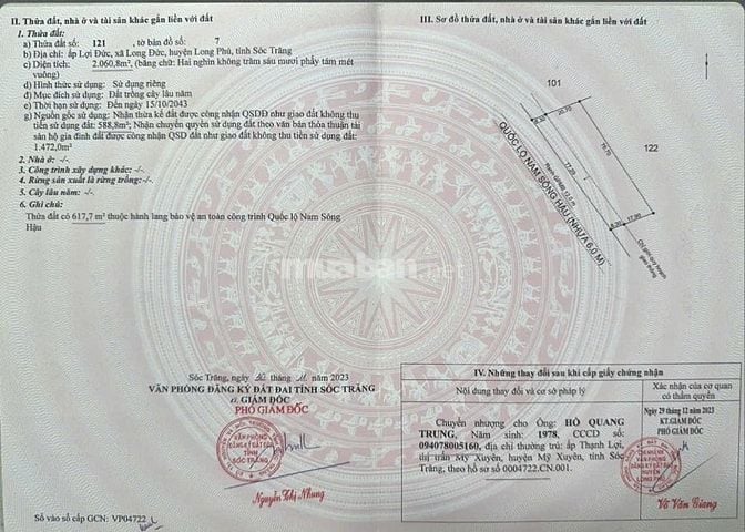 Bán đất mặt tiền Nam Sông Hậu 6triệu500/m2