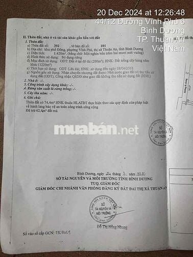 bán đất mặt tiền Vĩnh phú 04 , thổ cư 200m