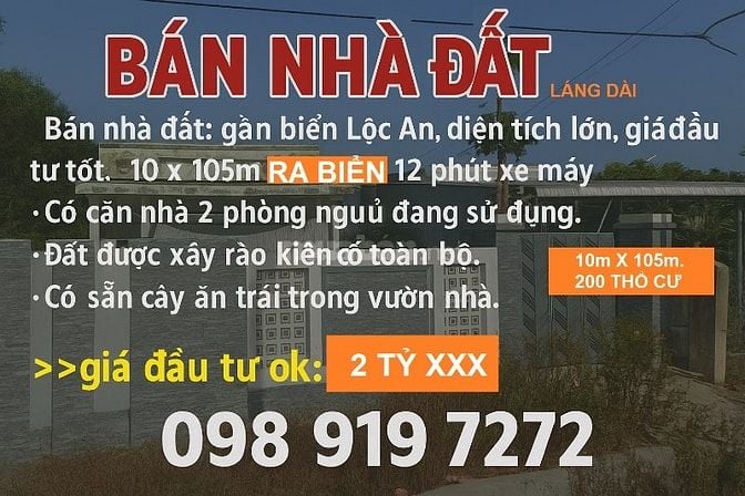Bán Nhà Cấp 4 Láng Dài – 1000m² (200m² Thổ Cư) – Đường Nhựa Tim Vàng –