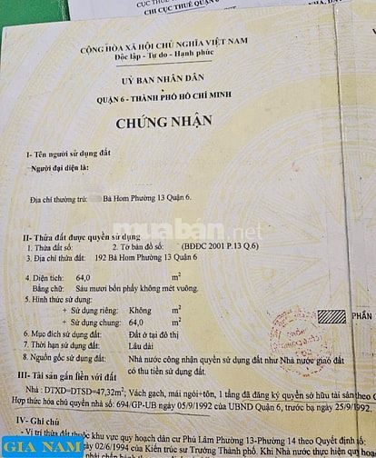 BÁN NHÀ 2 MẶT TIỀN TRƯỚC VÀ SAU : 192 BÀ HOM  - P. 13 - Q. 6 
