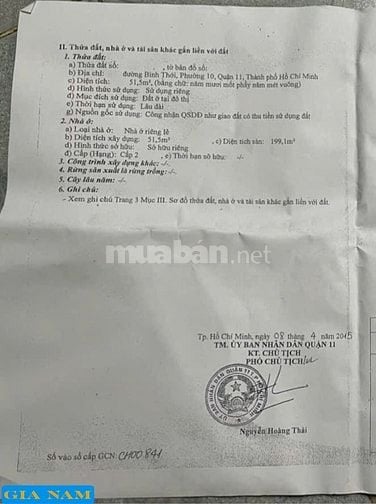 BÁN NHÀ GÓC 2 MẶT TIỀN : 541 BÌNH THỚI - P. 10 - Q. 11 - TPHCM