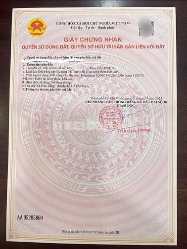 Dầu Tiếng Bình Dương 1100m² có 100m thổ cư 2 mặt tiền.