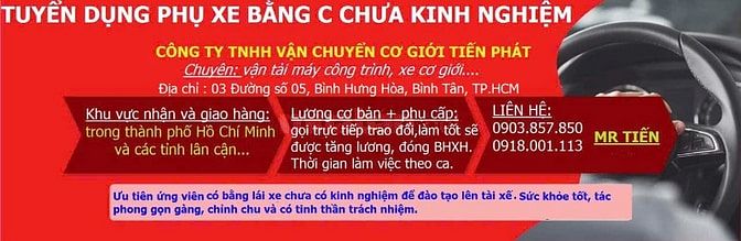02 PHỤ XE, LƠ XE XE TẢI, LÀM CA, LƯƠNG CAO