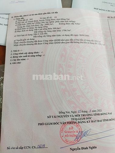 Chính chủ cần bán 2000m2 có 300m thổ cư mặt tiền nhựa cách DT762 500m 
