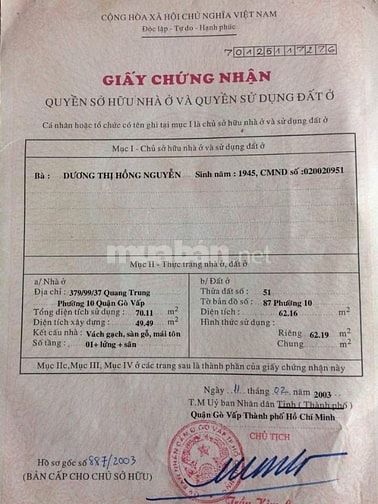 Bán nhà rẻ (6x12) 385/33 Quang Trung p10 Gò Vấp (Đối diện Vincom 