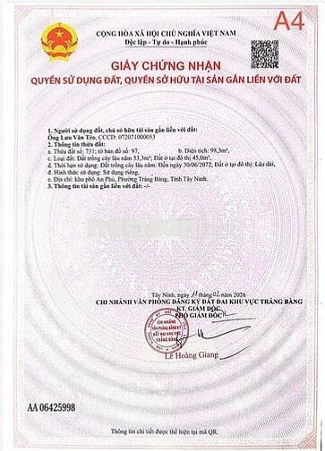 CHỦ NGỘP BÁN ĐẤT MT 100M2 Đ.AN PHÚ 4, TRẢNG BÀNG, TÂY NINH CHỈ 795TR
