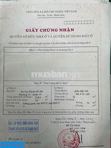 BÁN NHÀ MẶT TIỀN : 347 SƯ VẠN HẠNH - P. 12 - Q. 10 - TPHCM
