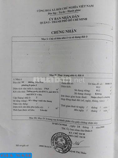 BÁN NHÀ MẶT TIỀN : 294 TRẦN PHÚ - P. 8 - Q. 5 - TPHCM