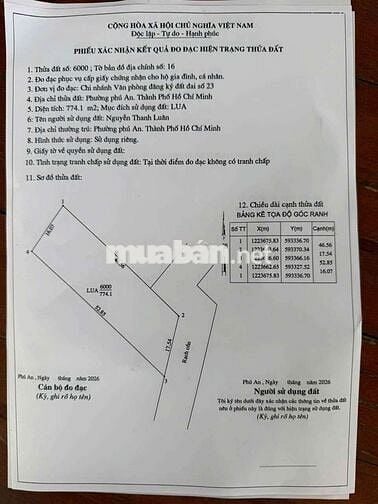 TP. HỒ CHÍ MINH:  17X46m tổng 774m2 tại Phú An: Chốt 390 triệu cả lô!
