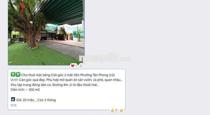 CHO THUÊ MẶT BẰNG PHƯỜNG TÂN PHONG GIÁ 20 TRIỆU