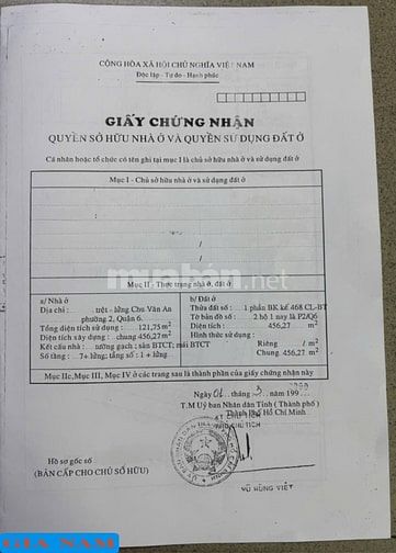 BÁN NHÀ MẶT TIỀN : 134 CHU VĂN AN - P. 2 - Q. 6 - TPHCM