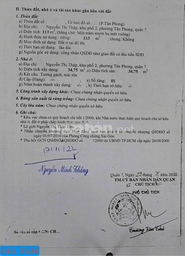 BÁN NHÀ MẶT TIỀN : 419 NGUYỄN THỊ THẬP - P. TÂN PHONG - Q. 7 - TPHCM.