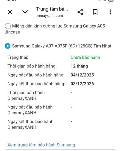 Bán điện thoại Samsung A07 bản 6/128gp còn bảo hành. 