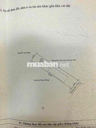 Bán đất tặng nhà cấp 4cũ. 267m2 đường cụt 3m. sát hông Đại Nam