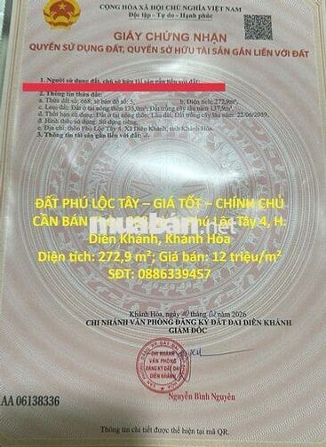 CHÍNH CHỦ BÁN Thửa 668, tờ 5, Phú Lộc Tây 4, H. Diên Khánh, Khánh Hòa
