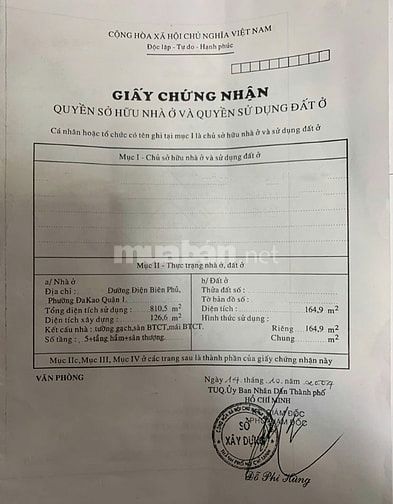 Bán mặt tiền Điện Biên Phủ Quận 1, ngay CV Lê Văn Tám, dt 250m2