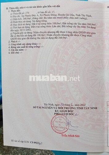 BÁN NHANH LÔ ĐẤT GẦN SÁT KCN PHƯỚC ĐÔNG. DT 360M2, GIÁ 780 TRIỆU.SHR