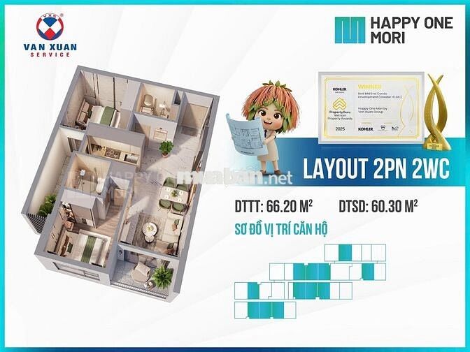Bán CH 2PN view sân golf + sông SG 66,2m2 tại Happy One Mori, 2.559 tỷ