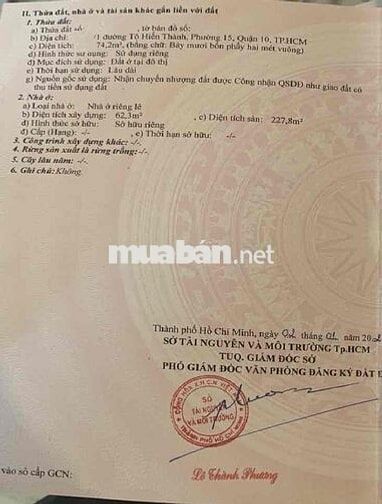 Chú Long bán Gấp nhà Hẻm 7m Tô Hiến Thành, Q10 (DT 76m2). Giá 5,36Tỷ