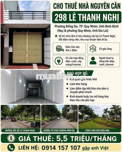 CHO THUÊ NHÀ NGUYÊN CĂN – 298 LÊ THANH NGHỊ, QUY NHƠN