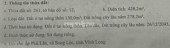 Bán đất đẹp 428m² có thổ cư – sổ riêng – MT 5.5m – gần QL60, Trà Vinh