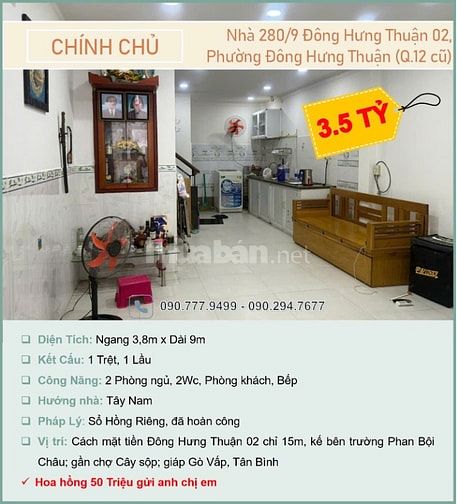 Chính chủ cần bán gấp nhà 280/9 Đông Hưng Thuận 02