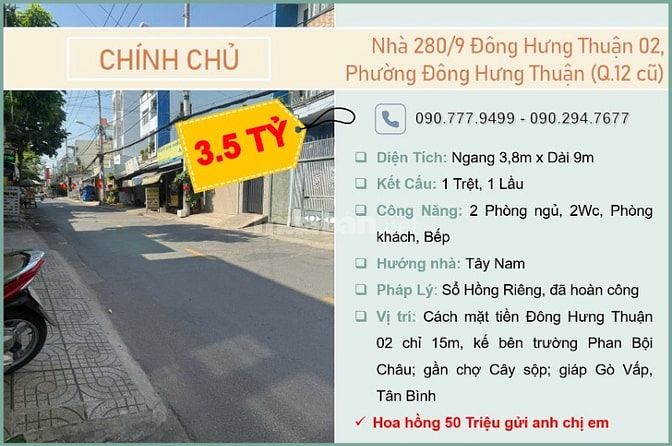 Chính chủ cần bán gấp nhà 280/9 Đông Hưng Thuận 02
