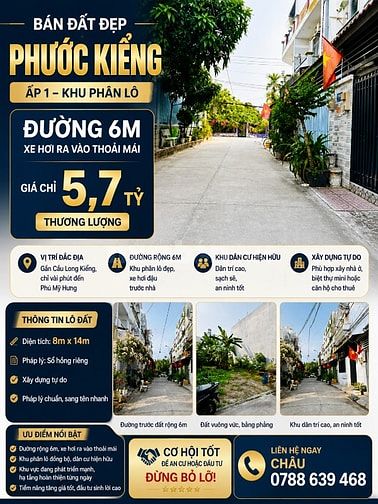 BÁN ĐẤT ĐẸP PHƯỚC KIỂNG  ĐƯỜNG 6M  GIÁ 5,7 TỶ TL