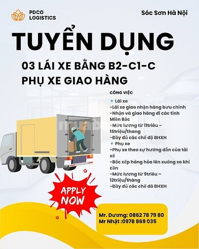  Tuyển Lái xe bằng B2-C1-C Phụ xe giao hàng Sóc Sơn